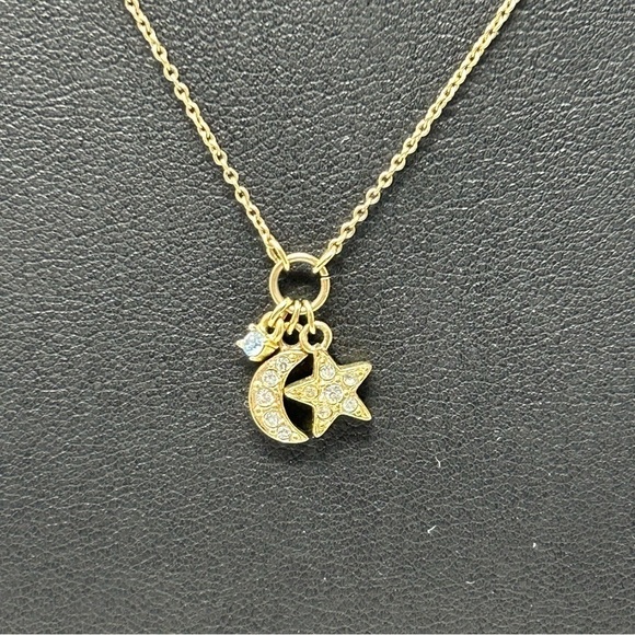 Vintage Monet Gold Tone Chain Pendant Necklace Crescent Moon & Star Rhinestones - Picture 3 of 8